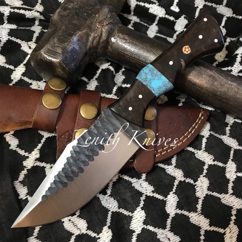 Turquoise Damascus Steel Knife with Cross Draw Sheath - 7.25