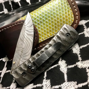 Custom Made Damascus Folding Knife With Clip, Hammer Damascus + Leather Case Damascus Tanto Liner Lock Knife, Anniversary, Birthday Gift