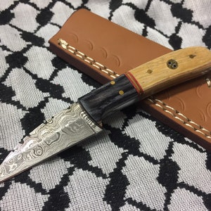 Custom Made Damascus Knife With a Natural & Grey Wood Handle + Leather Case Mini Damascus Knife Gifts for men