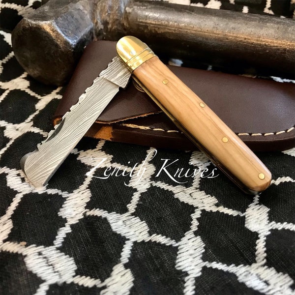 Personalized "The Rhino" Damascus Folding Knife With a Olive Wood Handle + Leather Case Damascus Grafting Knife Gift For Her Gift For Men