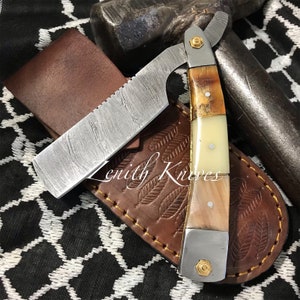 Personalized Custom Made Damascus Razor With Bull Horn & Bone Inlay Handle + Leather Damascus Knife Damascus Gift