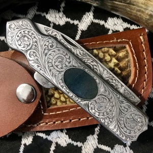 Custom Made D2 Tool Steel Folding Knife Hand Engraved Handle + Leather Case Damascus Back Lock Knife, Anniversary, Gift, Collector Knife