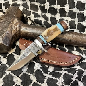 Personalized Made 6 INCH High Carbon Steel Knife With Turquoise & Ram Horn Handle Steel Knife + Leather Case Hunting Knife Gift For Men