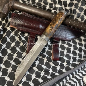 Personalized 13’ Custom Fireball Damascus Viking Seax Knife Stabilized Maple Burl Wood Handle + Cross Draw Leather Damascus Knife Damascus