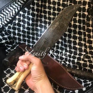 13 Inch Civil War Inspired Bowie Knife With Full Bone Handle + Leather Case Damascus Knife Gift For Men, Collector