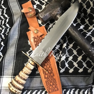 Personalized 15 INCH High Carbon Steel Knife With Armadillo Scales Handle Steel Bowie Knife + Leather Case Hunting Knife