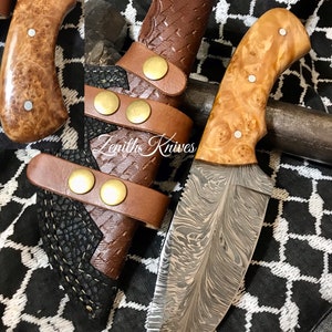 Personalized 10’ Custom Feather Damascus Knife With Clip Poplar Burl Wood Handle + Cross Draw Leather Case Damascus Knife Damascus Gift