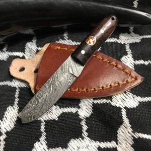 Custom Made 3.5 Inch Mini Damascus Kukri Knife With a Bull Handle + Leather Gifts for Men, Birthday Gift, Neck Knife, Neck Knife