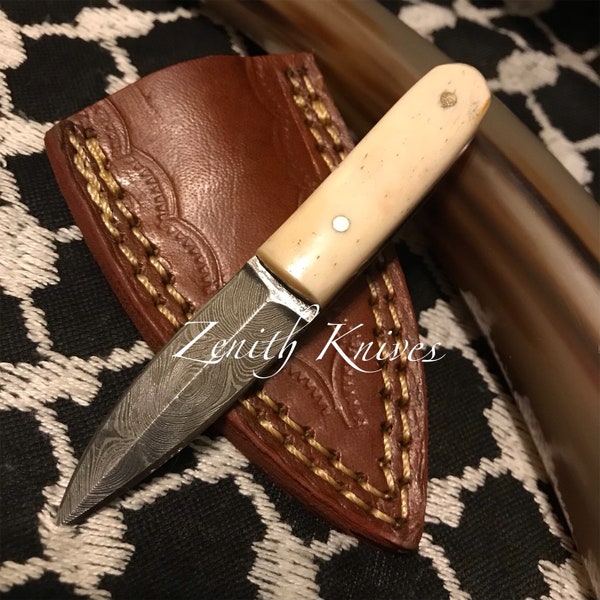 Custom Made 4 Inch  Mini Damascus Dagger Knife With a Bone Handle + Leather Damascus Boot Knife With Case Gifts for Men, Birthday Gift, Neck