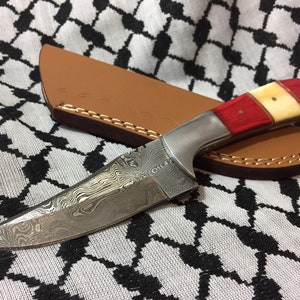 Custom Made Damascus Knife With Camel Bone & Dyed Red Wood Handle + Leather Case Gifts For Men Damascus Hunting Knife
