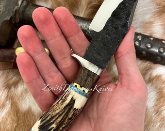 Personalized 9 INCH High Carbon Steel Knife With Turquoise Stag Antler Handle Steel Knife + Leather Case Hunting Knife Gift