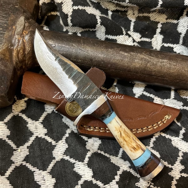 Personalized 6 INCH High Carbon Steel Knife With Turquoise Stag Antler Handle Steel Knife + Leather Case Hunting Knife Gift For Men