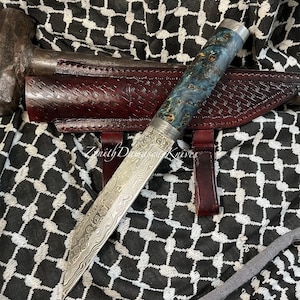 Personalized 13’ Custom Fireball Damascus Viking Seax Knife Stabilized Maple Burl Wood Handle + Cross Draw Leather Damascus Knife Damascus