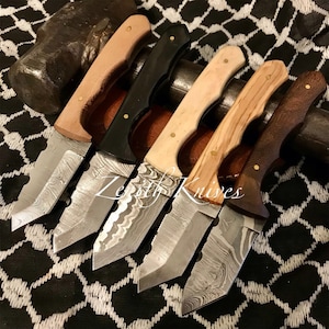 Personalized 6&quot; Damascus Knife With Handle Options + Leather Sheath Mini Damascus Skinning Tanto Knife Gifts for Men, Anniversary Gift