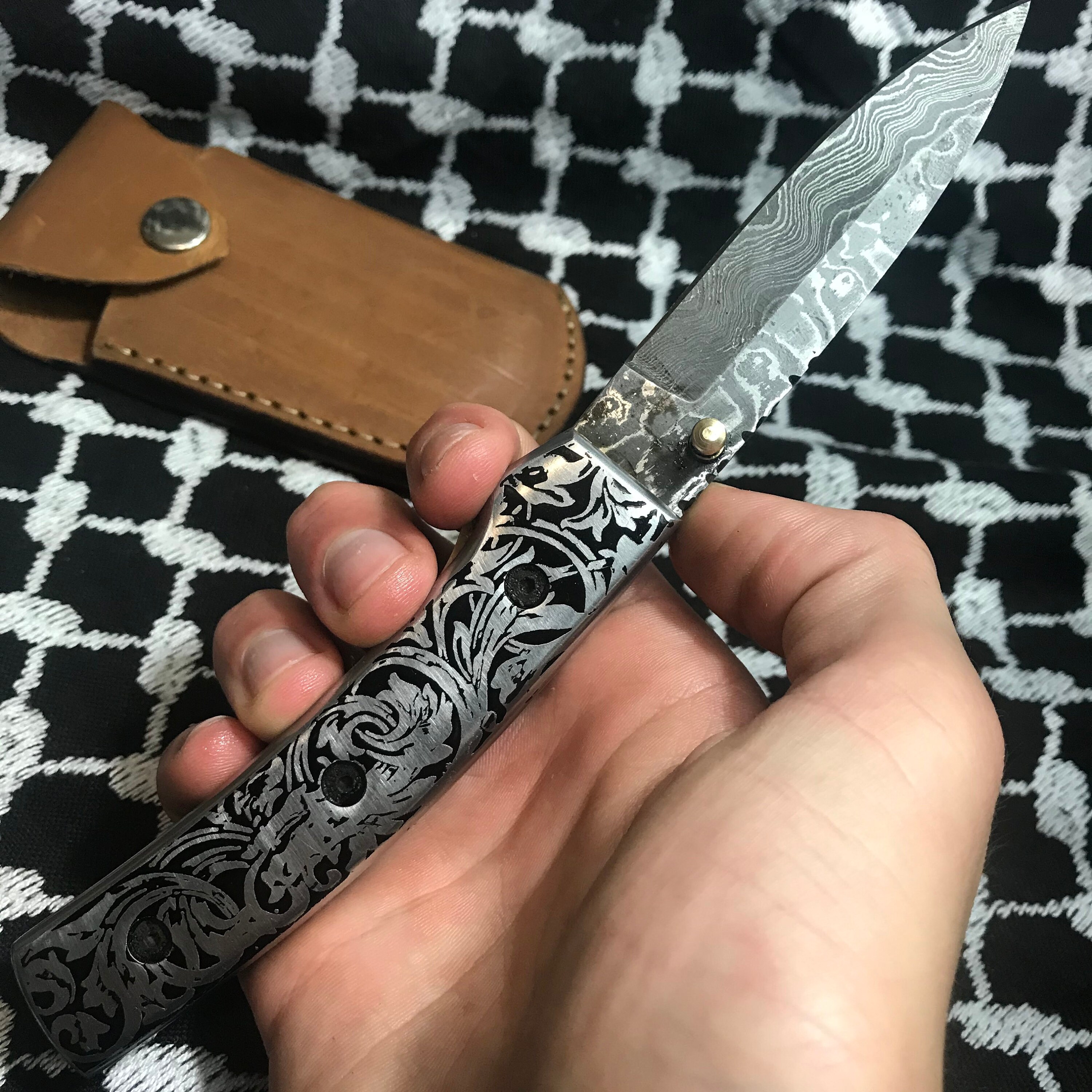Hand Etched Smoking Dragon Damascus Folding Knife With Ornate Etsy