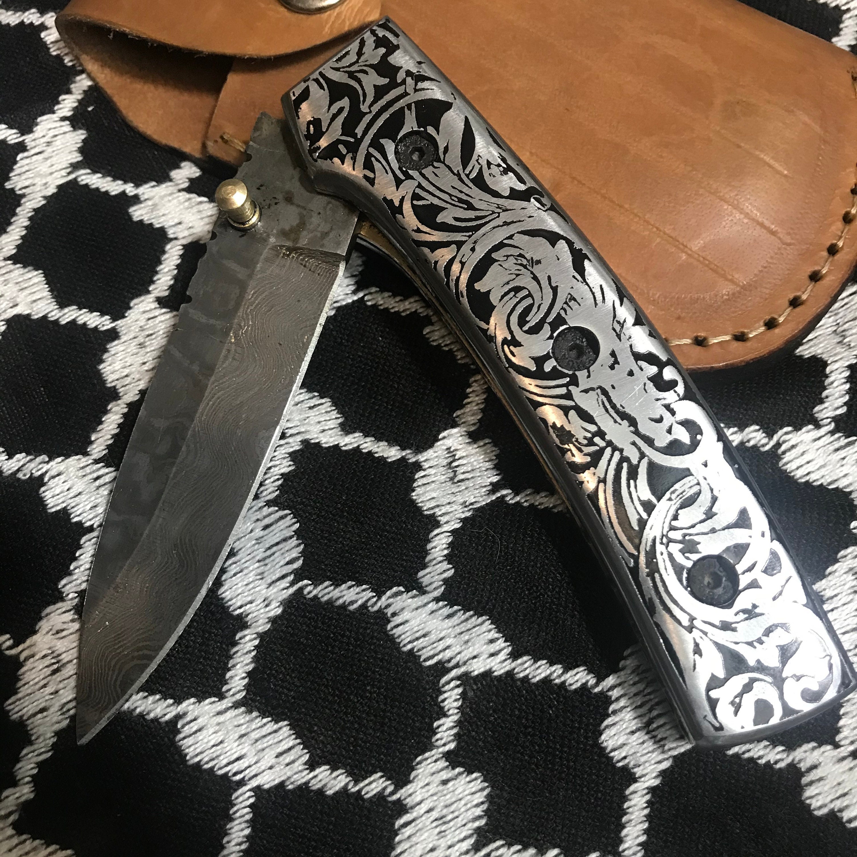 Hand Etched Smoking Dragon Damascus Folding Knife With Ornate Etsy