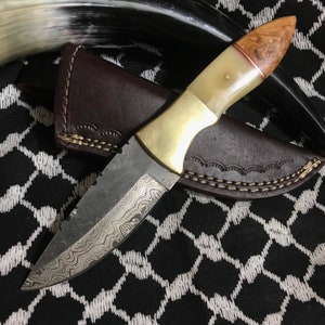 Custom Made 8 inch Damascus Knife With Bone & Olive Wood Handle + Leather Case Damascus Hunting Knife Gifts For Men Damascus Skinning Knife
