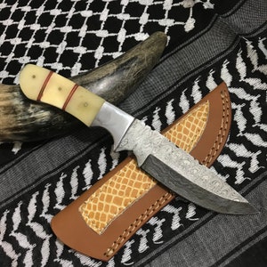 Damascus Knife With A Bone Handle + Leather Case Damascus Hunting Knife Gifts For Men, Camping, Groomsmen, Anniversary Gift