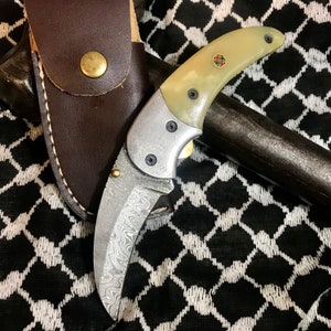 Personalized 7 Inch Damascus Folding Knife With Bone Handle + Leather Case Damascus Fold Knife, Anniversary, Billhook Blade