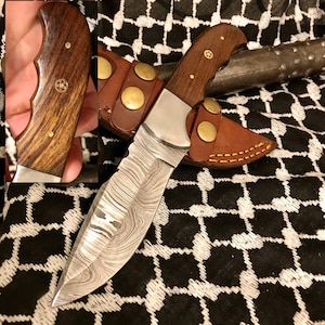 Personalized 8’ Damascus Knife With Golden Rose Wood Burl Handle + Cross Draw Leather Case Hunting Knife Gifts For Men, Skinning Knife