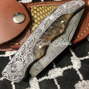 Custom Made Feather Damascus Folding Knife Hand Engraved Handle + Leather Case Damascus Back Lock Knife, Anniversary, Collector Knife