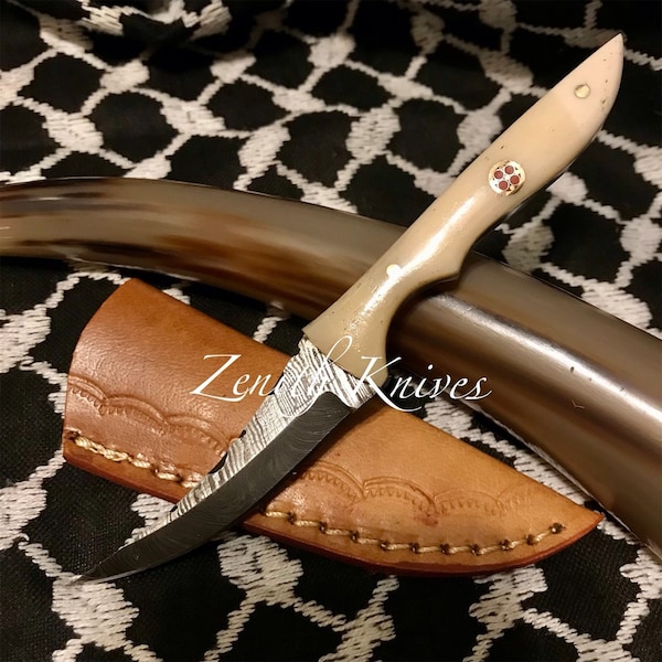 Custom Made 6 Inch Damascus Knife W/Bone Handle + Leather Case Gifts For Men Damascus Skinner Knife, Camping, EDC, Anniversary, Capping