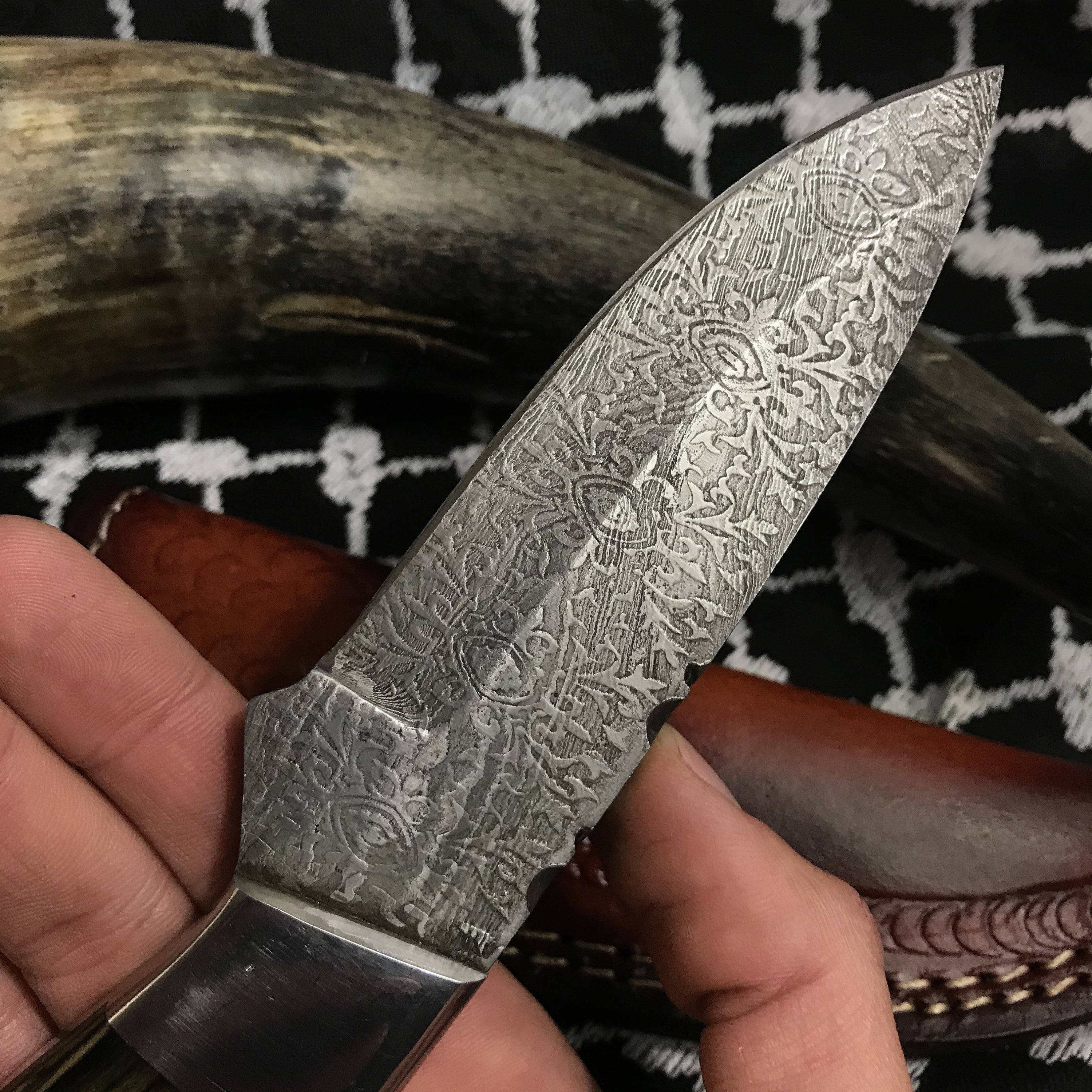 Custom Made Damascus Knife W/ Engraved Damascus Blade Blue & Etsy