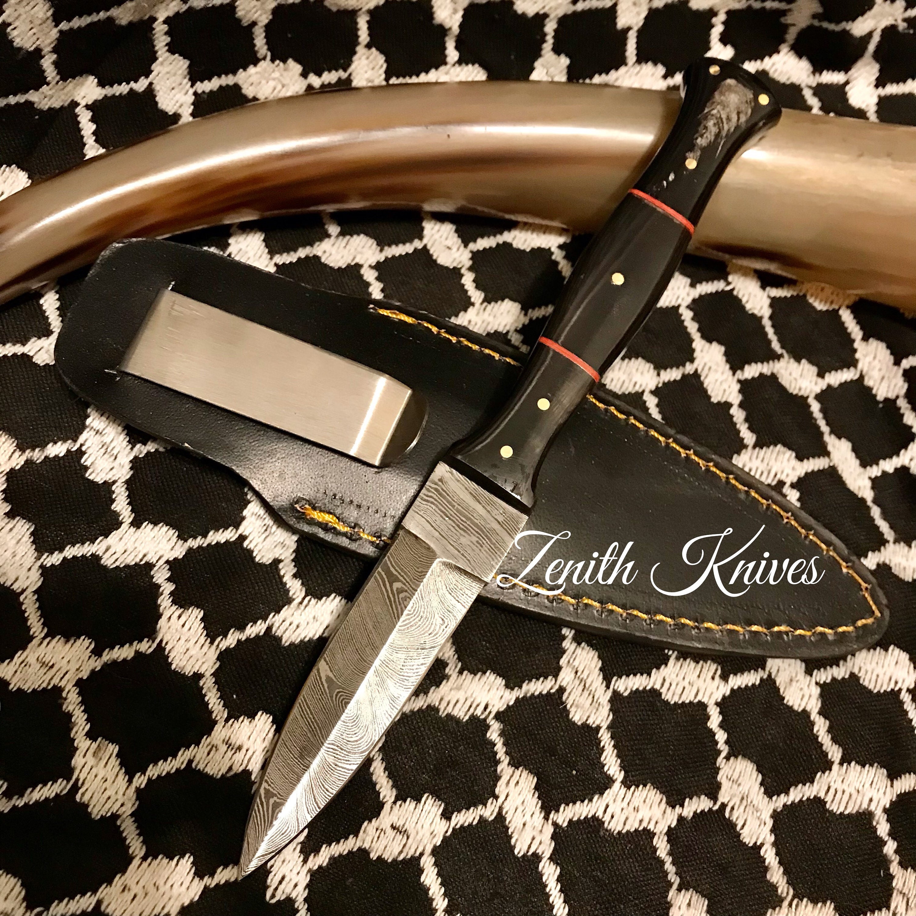 Custom USA Black Leather Fixed 4 Blade Dagger Knife Boot Belt