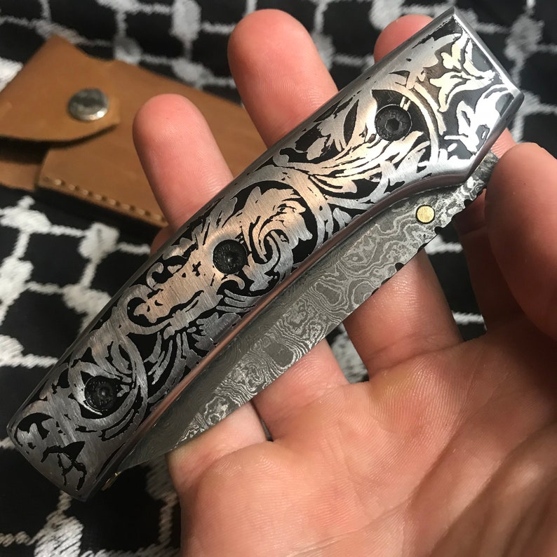 Hand Etched Smoking Dragon Damascus Folding Knife With Ornate Etsy