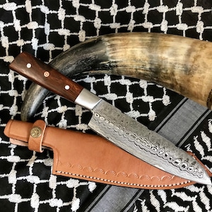 Custom Made 12” Damascus Chef Knife With a Walnut Wood Handle + Leather Case Damascus Hunting Knife Gifts For Men Damascus Chef Knife