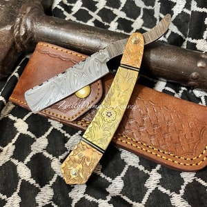 Custom Made Damascus Straight Razor With Carved Brass Handle, Damascus Razor Gift For Man, Groomsmen Gift, Anniversary, Birthday Gift