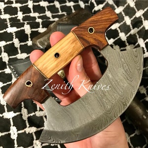 Personalized Damascus Ulu Knife Dyed Grey Wood Handle, Damascus Chef Knife Damascus Cook Knife, Anniversary, Birthday Gift, Alaskan Ulu