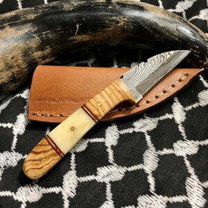 Custom Made 5.5 Inch Damascus Knife With a Bone & Olive Wood Handle + Leather Case Mini Damascus Knife Gifts for men