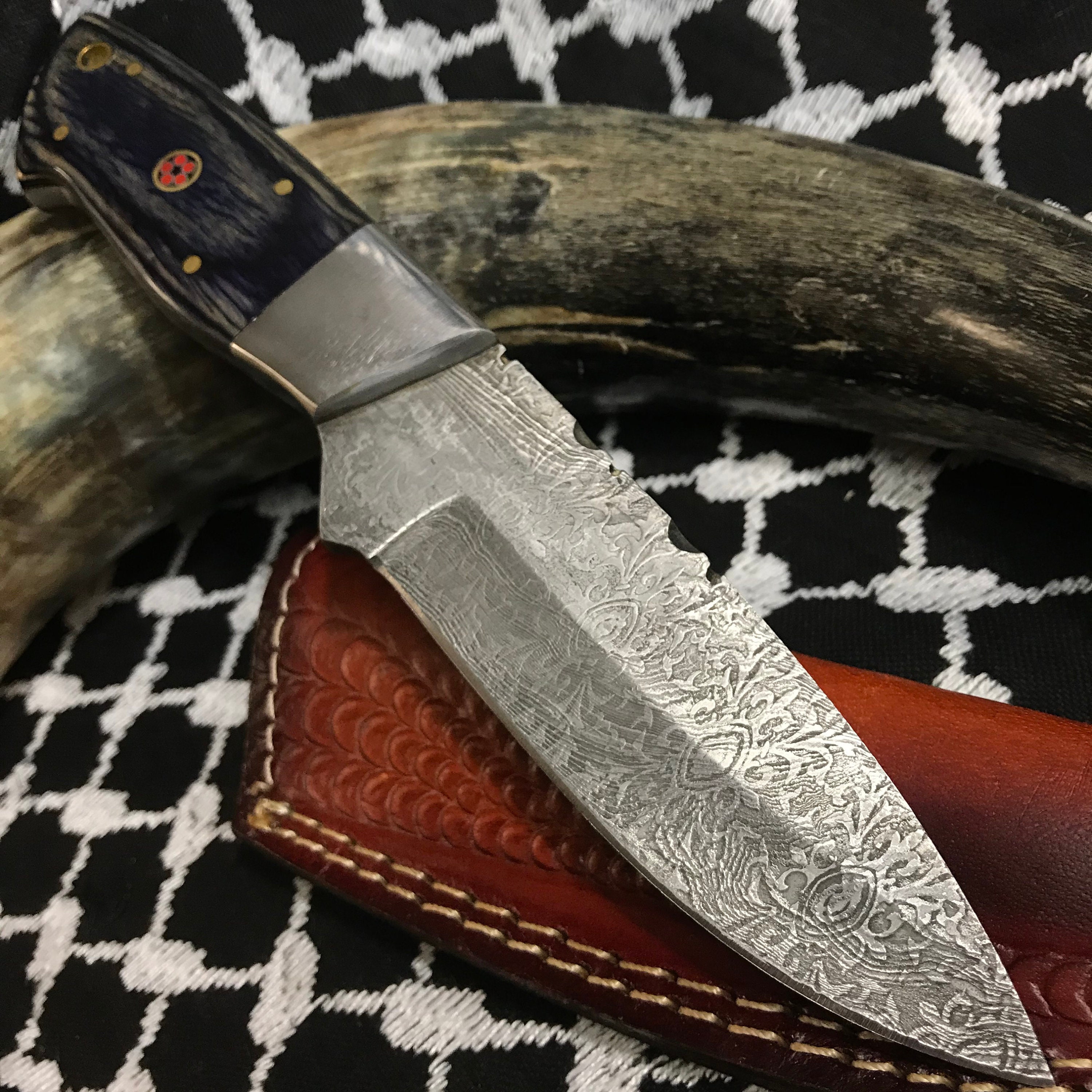 Custom Made Damascus Knife W/ Engraved Damascus Blade Blue & Etsy