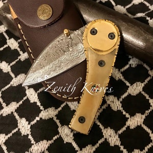 Personalized 7 Inch Damascus Folding Knife With Bone Handle + Leather Case Damascus Fold Knife, Anniversary, Damascus Blade