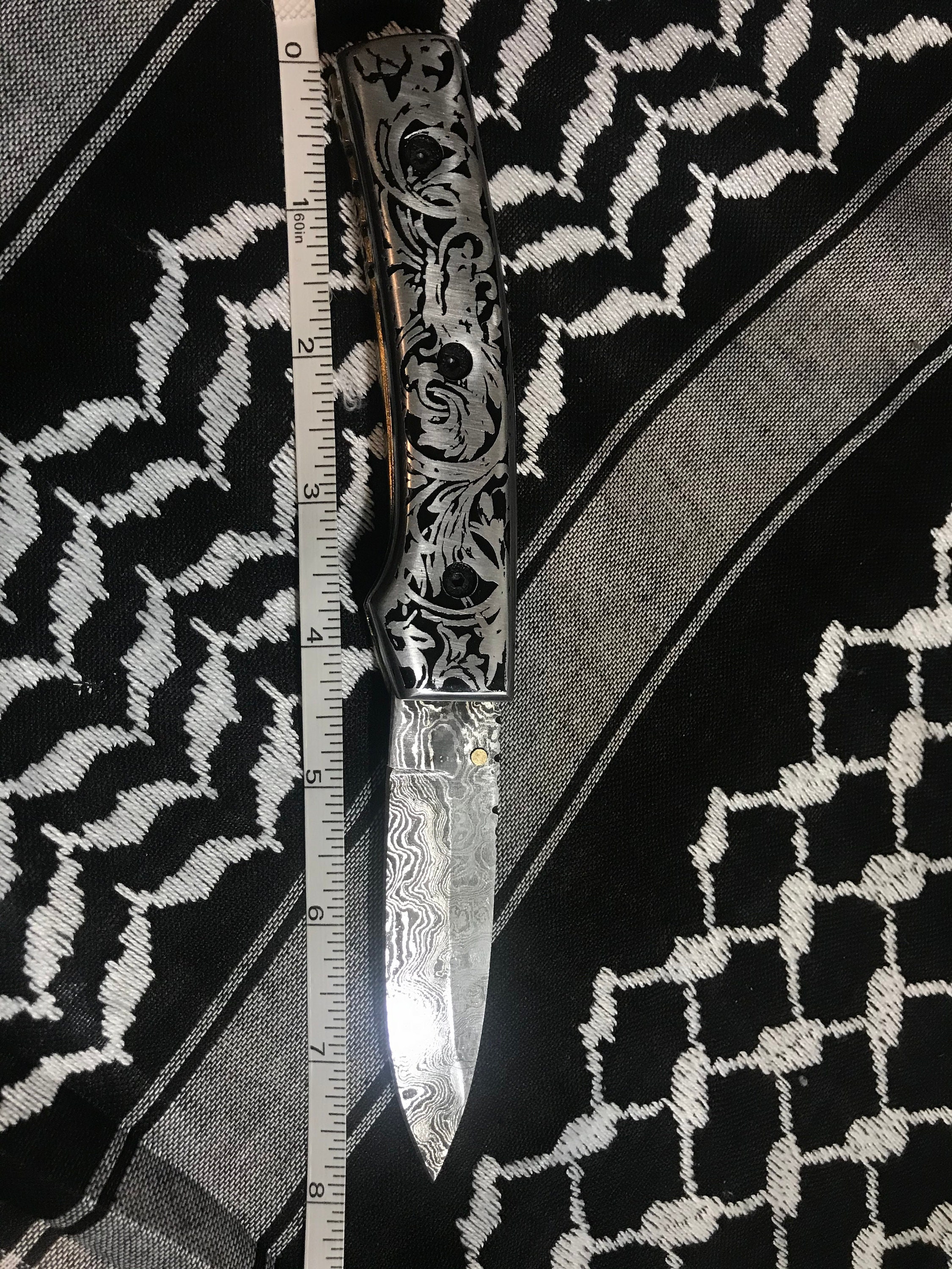 Hand Etched Smoking Dragon Damascus Folding Knife With Ornate Etsy