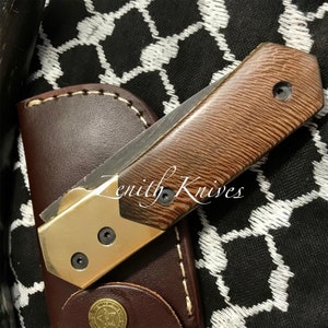 Personalized Damascus Folding Knife With Himalayan Wood Handle + Leather Case Damascus Tanto Liner Lock Knife, Anniversary