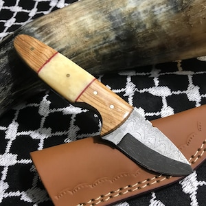 Custom Made 6 Inch Damascus Knife With a Bone & Wood Handle + Leather Case Mini Damascus Knife Gifts for Men, Groomsmen Gift, Skinning Knife
