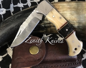 Personalized Damascus Folding Knife With a Bone & Bull Horn Handle + Leather Case Damascus Knife Gift For Man, EDC, Camping
