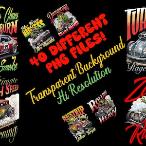 Puede incluir: Una colección de diseños de coches de dibujos animados con conductores monstruosos. Los diseños incluyen frases como "Zero to Chaos", "Eat My Smoke", "Turbo Race" y "Zombie Racing". La imagen también incluye el texto "40 Different PNG Files!"