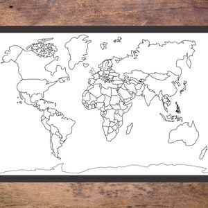 May include: A black and white outline map of the world with country borders. The map is on a white background.