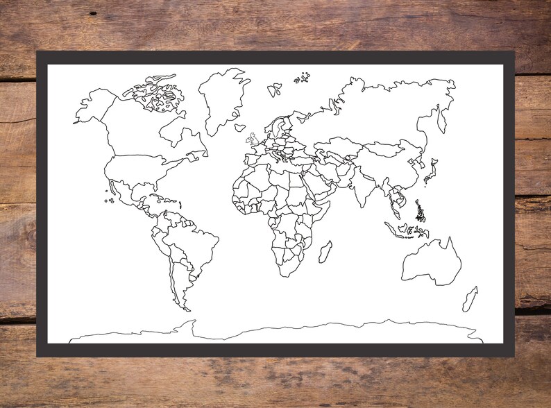 May include: A black and white outline map of the world with country borders. The map is on a white background.