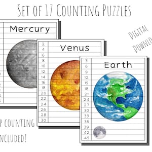 Puede incluir: Conjunto de 17 rompecabezas de conteo imprimibles con ilustraciones de acuarela de planetas. Los rompecabezas incluyen Mercurio, Venus, la Tierra y la Luna. Los rompecabezas están diseñados para contar de forma saltarina e incluyen los números del 1 al 45.