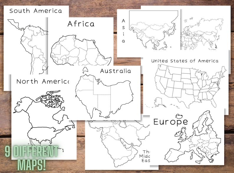 May include: Nine black and white outline maps of continents and countries, including South America, Africa, Asia, Australia, North America, the United States of America, and Europe. The text "9 DIFFERENT MAPS!" is at the bottom of the image.