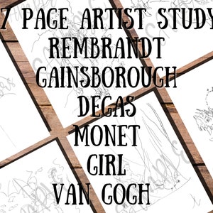 May include: A collection of 17 artist study pages featuring line drawings of famous artworks. The pages include the names of artists like Rembrandt, Gainsborough, Degas, Monet, and Van Gogh. The text "17 PAGE ARTIST STUDY" is at the top.