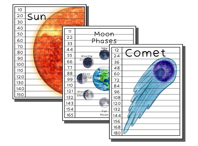 May include: Three illustrated charts with a grid and numbers on the side. The first chart shows a red sun with the word "sun" above it. The second chart shows the phases of the moon with the words "Moon Phases" above it. The third chart shows a blue comet with the word "Comet" above it.