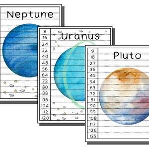 May include: A printable chart with three planets, Neptune, Uranus, and Pluto. Each planet is illustrated with a watercolor painting and has a numbered scale on the side. The numbers on the scale range from 7 to 135.