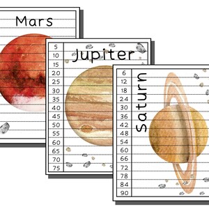 May include: A printable chart with three planets from our solar system: Mars, Jupiter, and Saturn. Each planet is illustrated with watercolor and has a grid next to it with numbers from 4 to 60 for Mars, 5 to 75 for Jupiter, and 6 to 90 for Saturn.