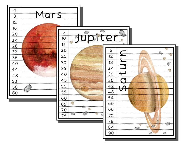 May include: A printable chart with three planets from our solar system: Mars, Jupiter, and Saturn. Each planet is illustrated with watercolor and has a grid next to it with numbers from 4 to 60 for Mars, 5 to 75 for Jupiter, and 6 to 90 for Saturn.