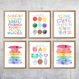 Educational Watercolor Print Set of 6, Alphabet, Colors, Learning Home School, Preschool Poster, Homeschool Print, Educational Wall Art